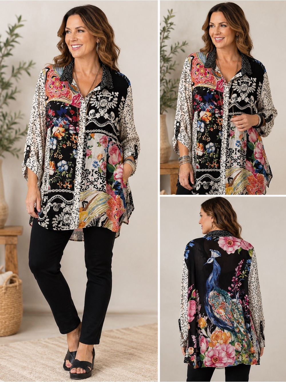 John Mark Mixed Media Patchwork Button-Down Tunic Size 1X EUC